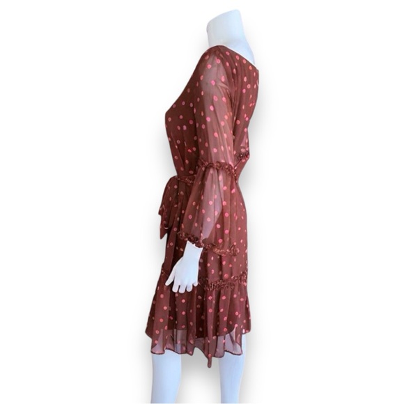 MAISON TARA CHIFFON BROWN WITH PINK POLKA DOT SHIRTWAIST DRESS. WOMEN’S SIZE 12 - Picture 5 of 13